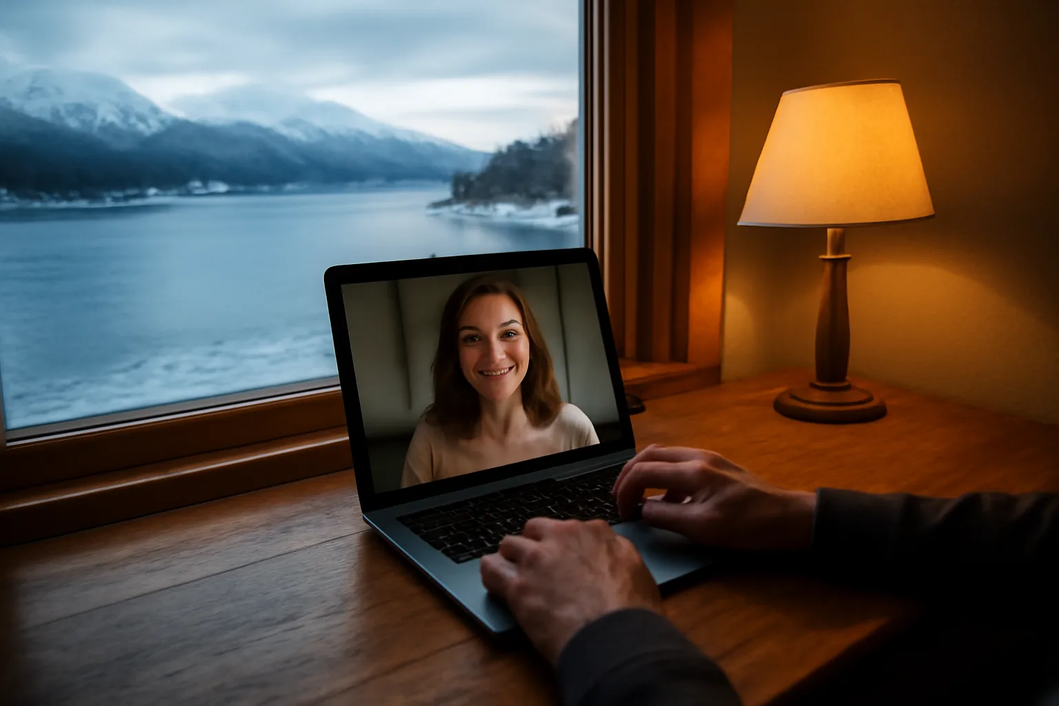 Notary at laptop on video call near a snow-covered Alaska inlet window