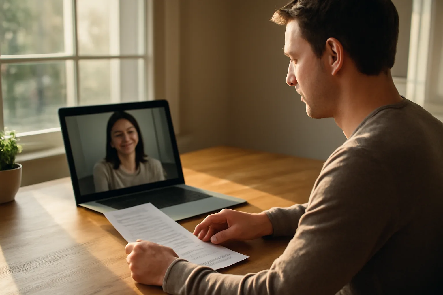 Person at desk with laptop on video call for remote online notarization in Colorado