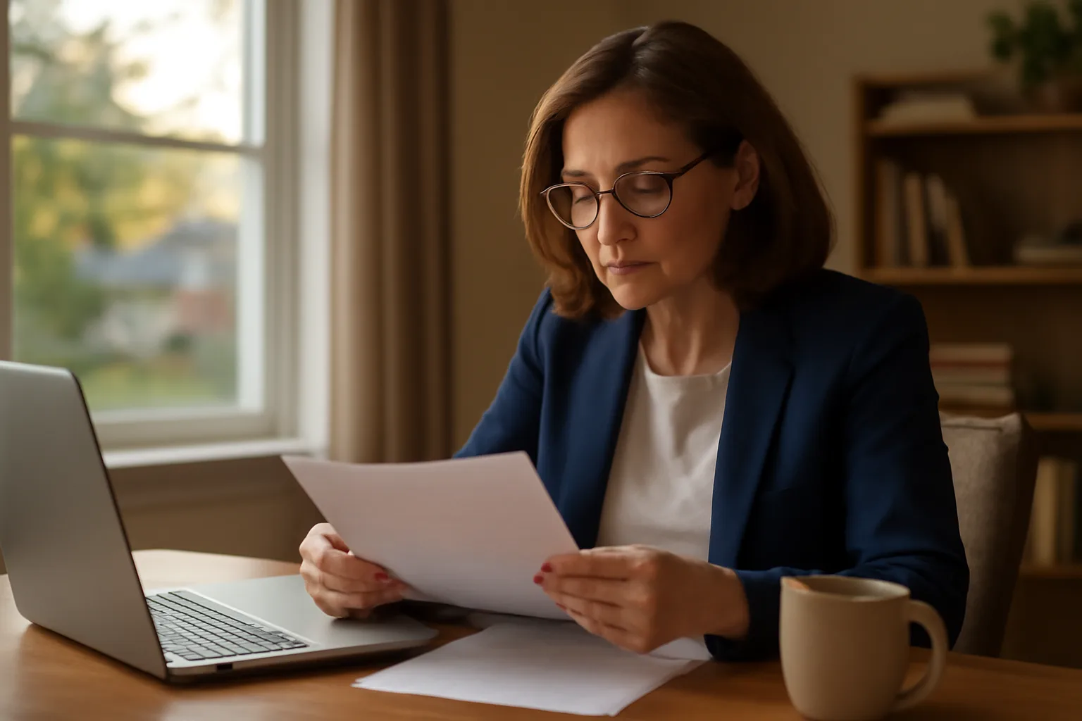 Notary at home desk with laptop reviewing documents for remote online notarization