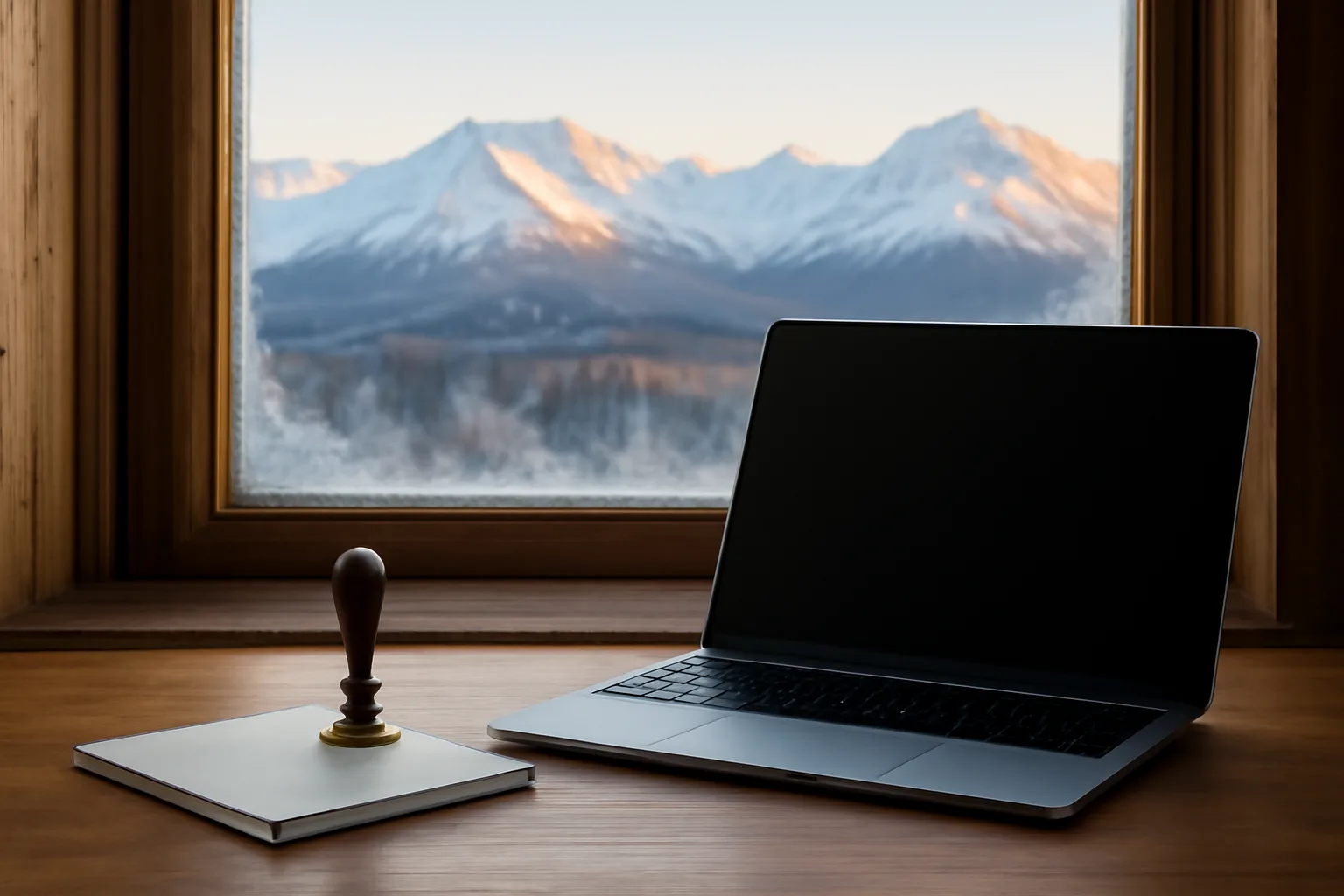 Notary seal and laptop on desk with Alaska mountain view in winter morning light