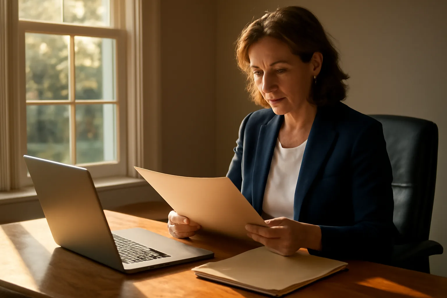 Notary at a wooden desk in a sunlit home office reviewing documents