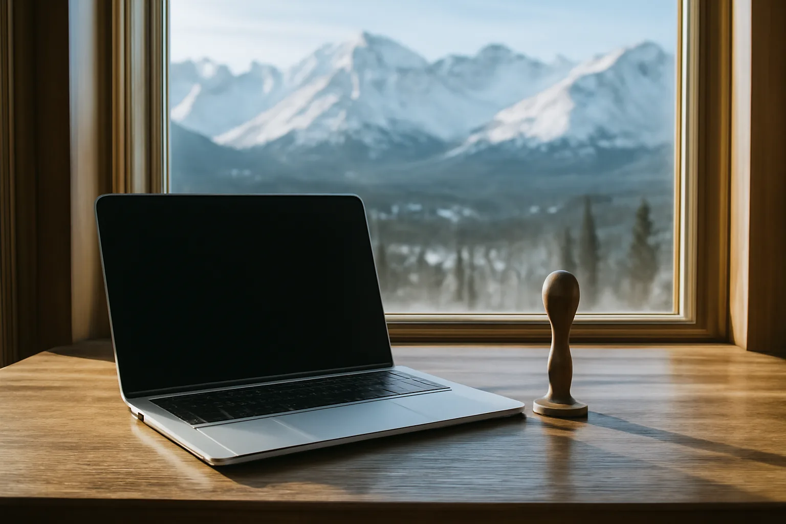 Notary seal and laptop on a desk with Alaskan mountains visible through the window