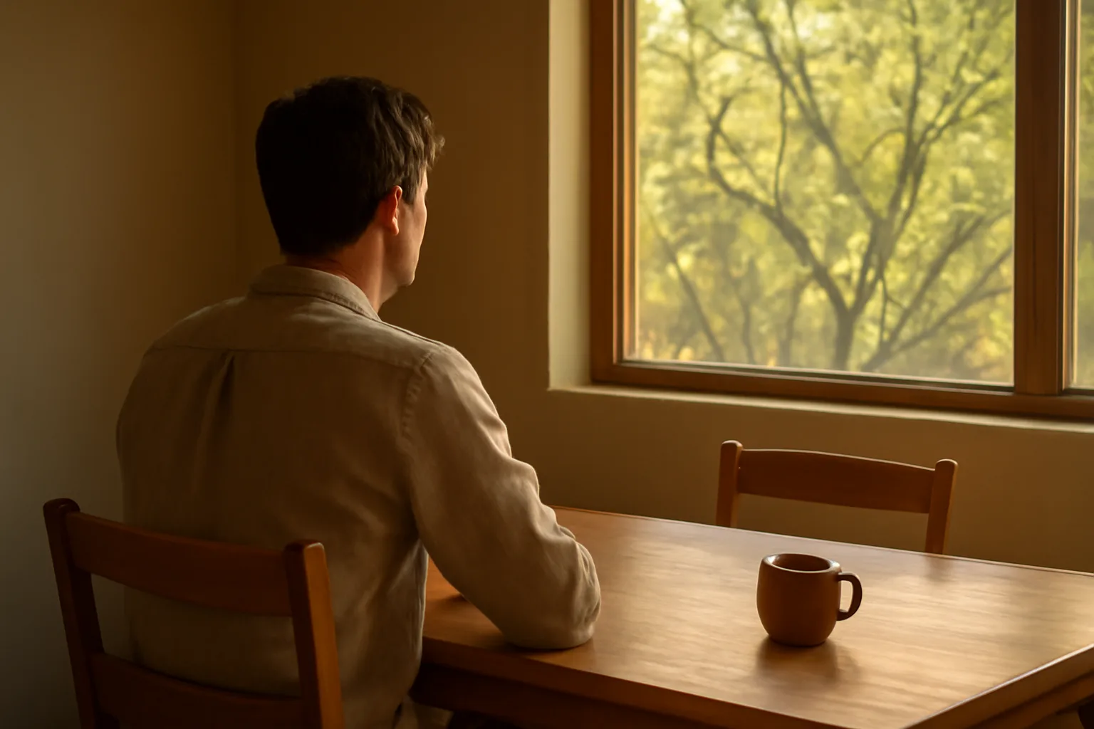 Person seated at a bare oak table preparing for Arizona remote online notarization