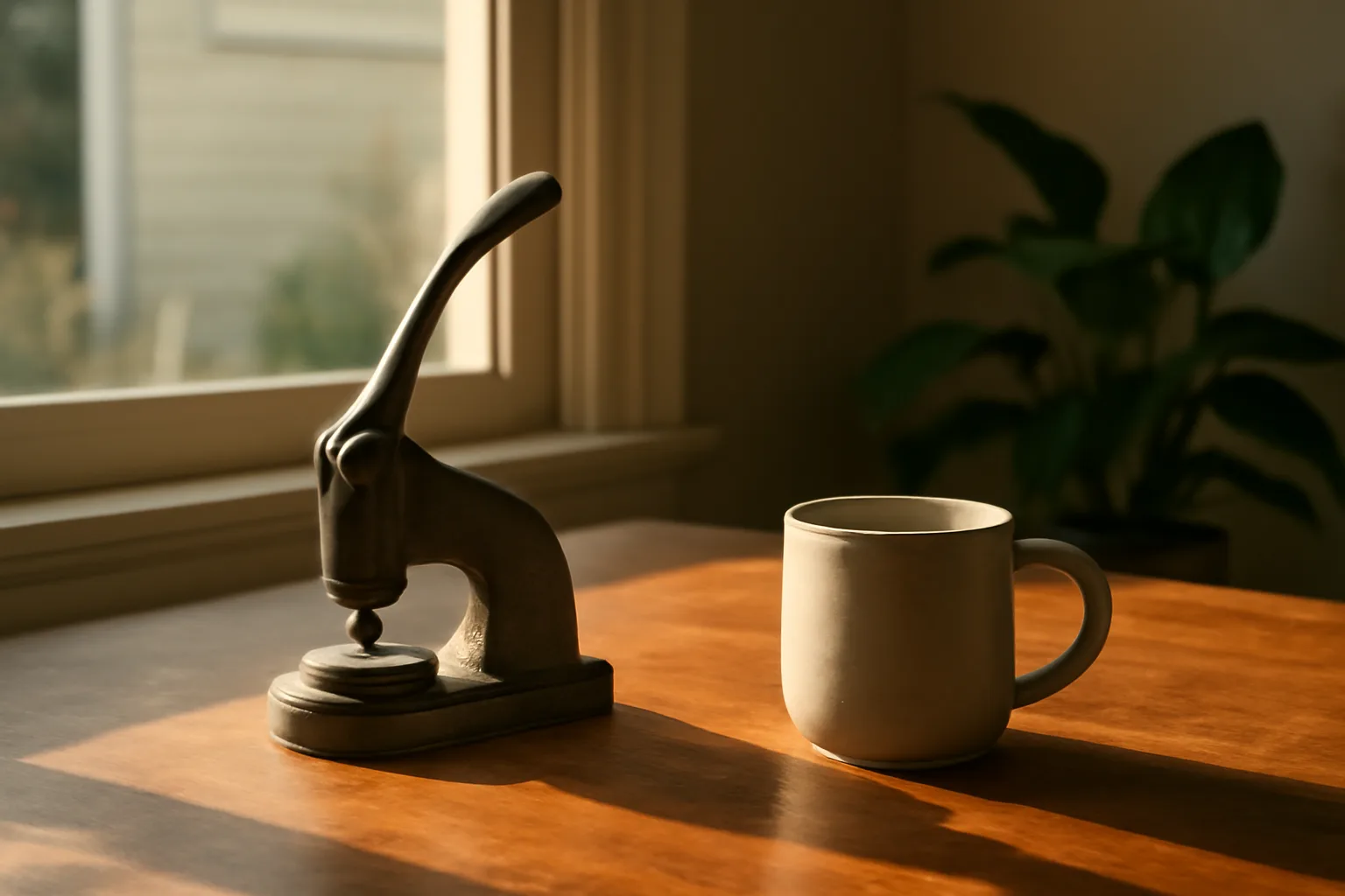Metal seal press on a sunlit table for California remote online notarization