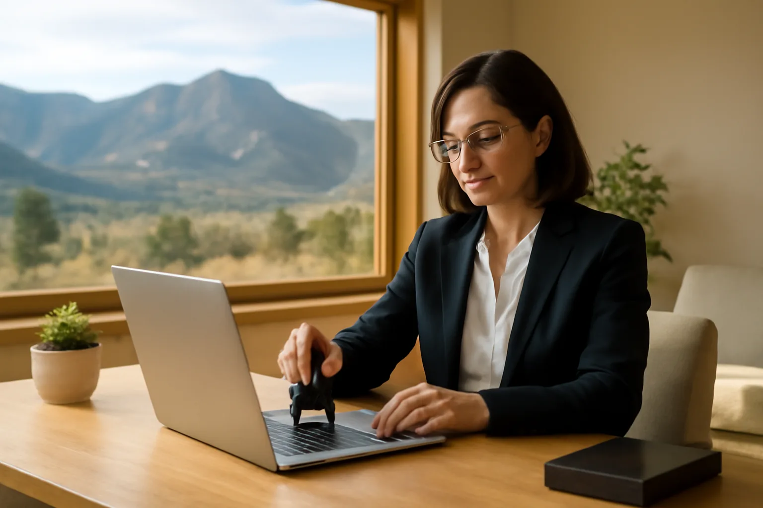 Notary at a wooden desk with Colorado mountain light for remote online notarization