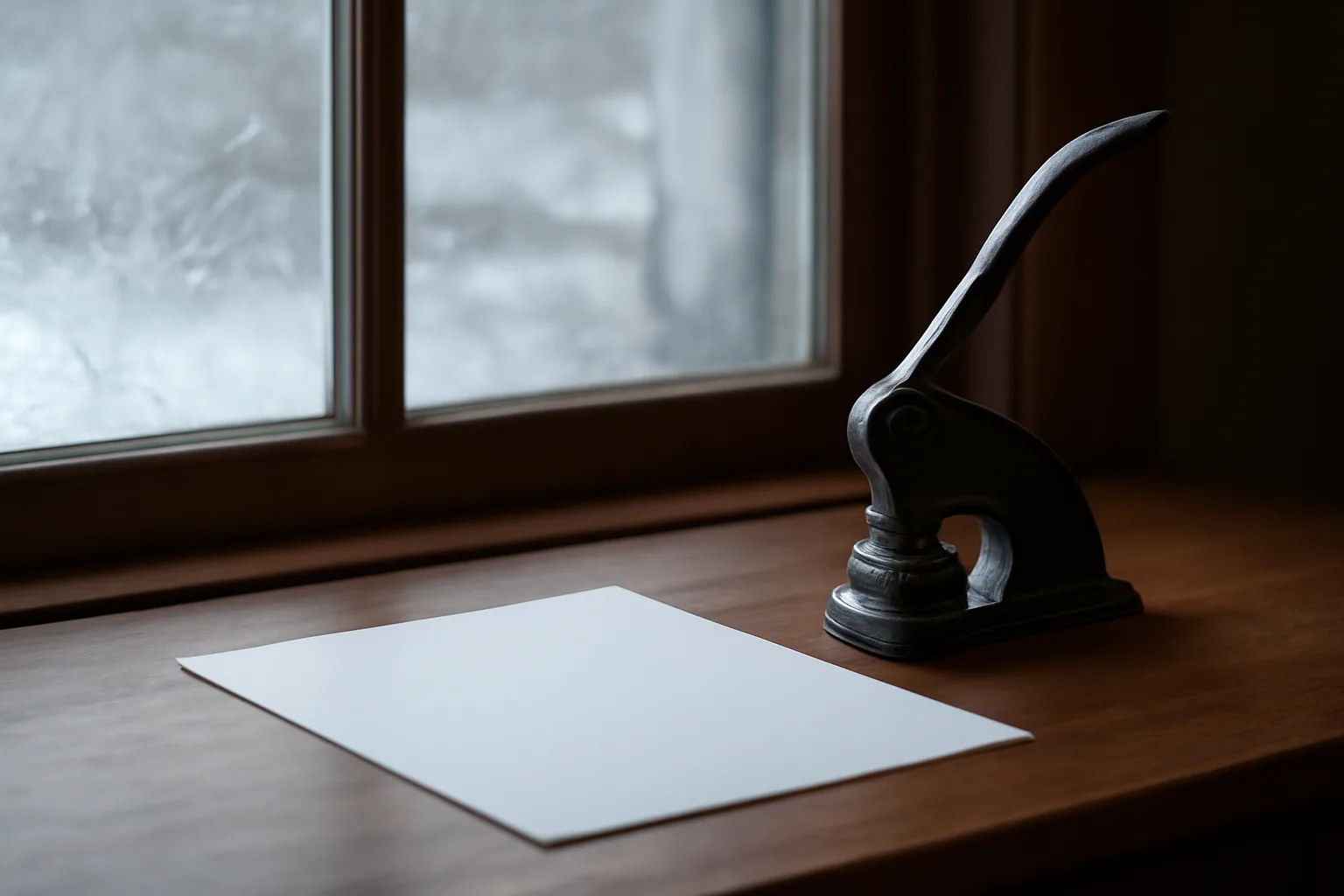 Notary embosser seal and blank document on a wooden desk in an Alaska home office