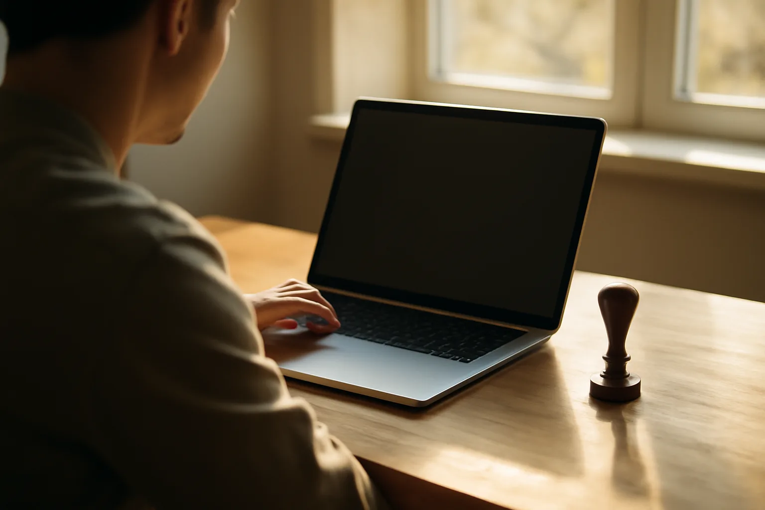 Notary seal stamp beside a laptop on a sunlit desk in Arizona home office