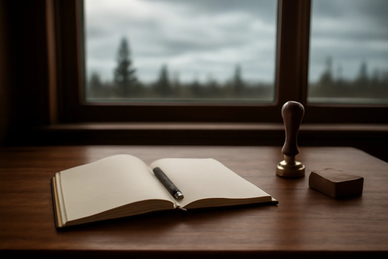 Notary desk with journal near a window overlooking Alaska spruce trees