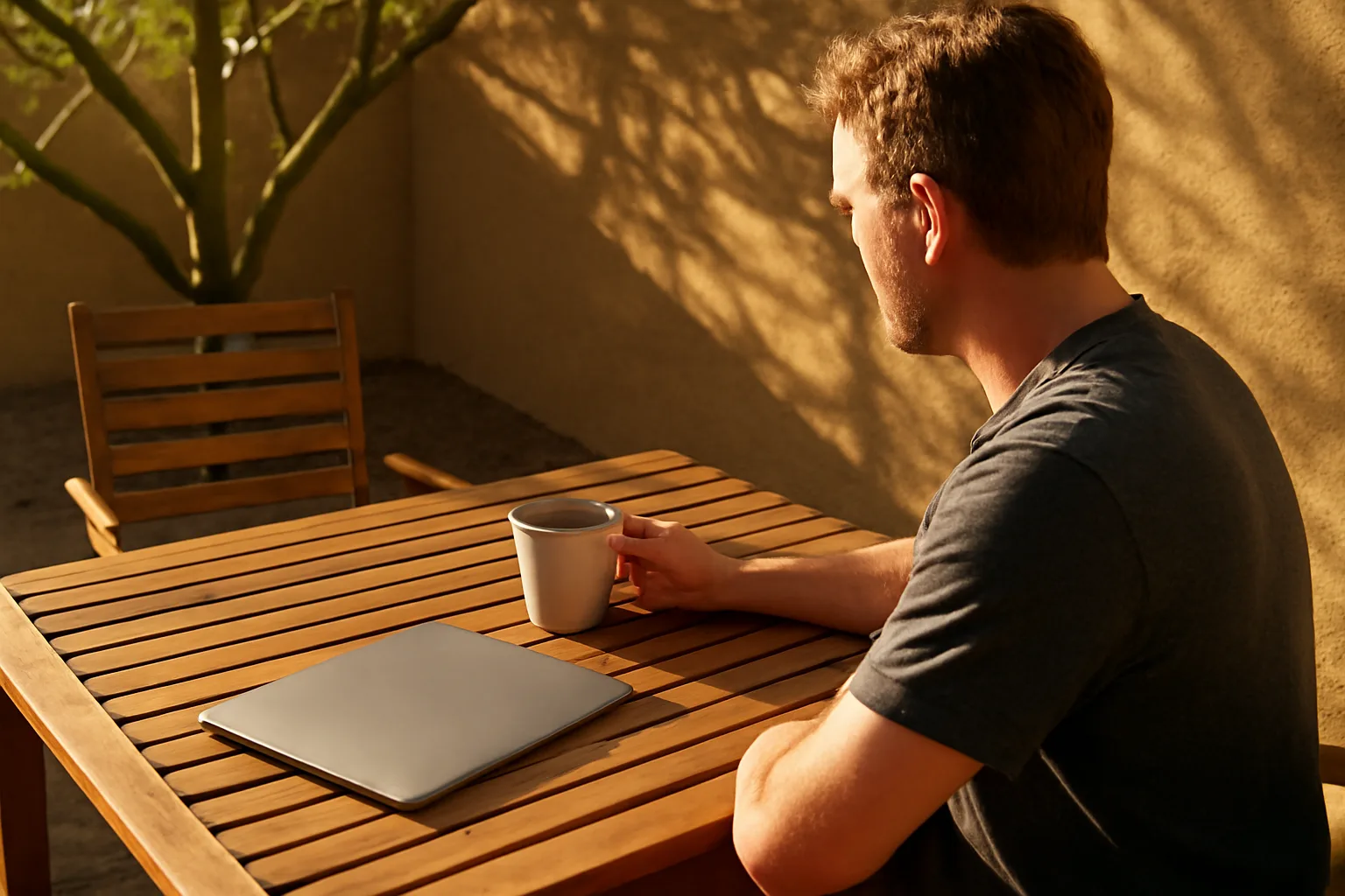 Adult on a Phoenix patio preparing Arizona remote online notarization renewal
